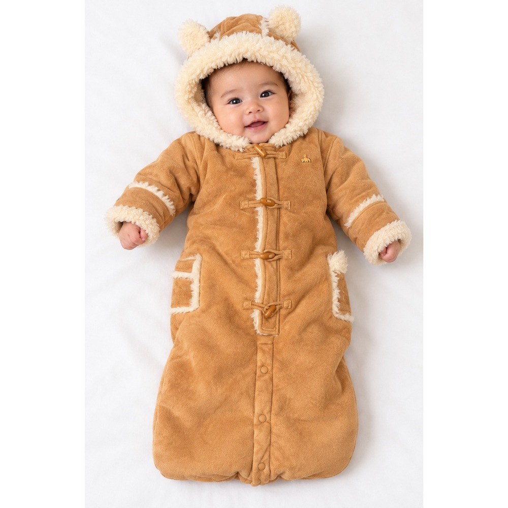 Bunting Bag Faux Suede Sherpa Bear Ear Toggle Winter Cozy Infant Tan